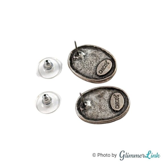 Chico's Oval Brown Black Swirl Checkered Enamel Pierced Silver Tone Earrings - Picture 7 of 10